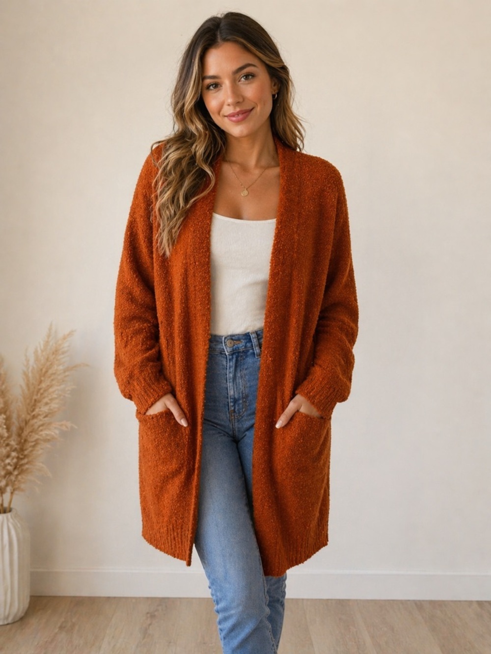 Open-Front Cozy Long Cardigan Sweater - Rust Orange